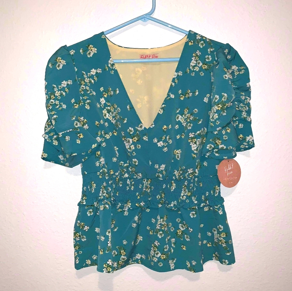 NWT Teal Floral Puff Sleeve Blouse